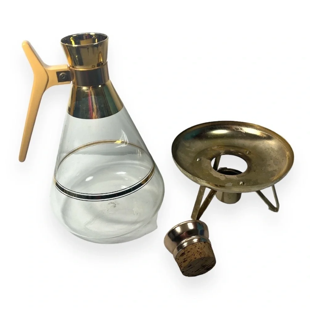 Inland‎ Brass Gold Glass Coffee Pot Carafe Candle Warmer Stand with Cork Stopper